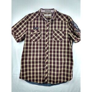 Akoo Men XL Button Front Shirt Brown Plaid Chambray That Life Trouble Makers Y2K